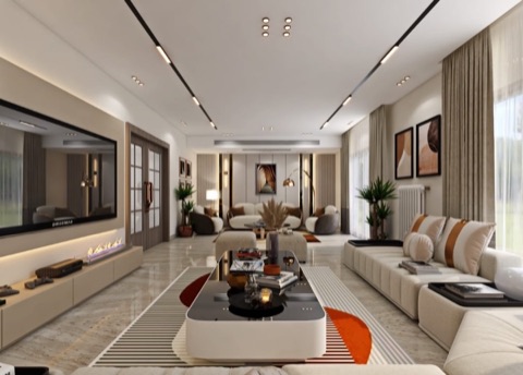 A living room design reference with a light ceiling and integrated lighting lines