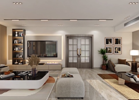 A TV wall design reference with surrounding details, concealed lighting and a light ceiling