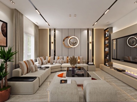 Another angle of the same living room design reference showing ceiling and wall details